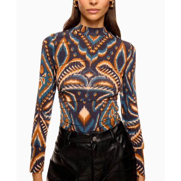 Farm Rio Blue Pineapple Top SMALL Tropical Bodycon Long Sleeve Mockneck  $120 - Picture 1 of 13